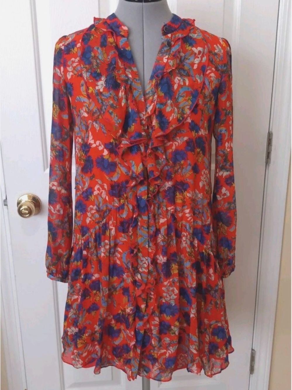 SALONI Red Floral Ruffle Tiered Long-Sleeve Dress with Blue Accents